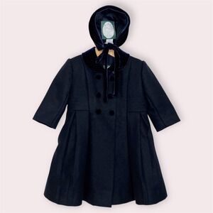 Isabel Garreton Girls Wool Coat and Bonnet Set Navy Blue Velvet Collar 18 Months